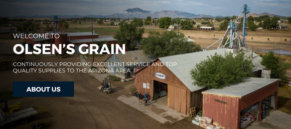 An aerial view of Olsen's Grain facilities with buildings, storage areas, and agricultural equipment. Text overlay reads 'Welcome to Olsen's Grain. Continuously providing excellent service and top quality supplies to the Arizona area.' A button below the text says 'About Us.'