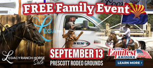 Promotional banner for Equifest Arizona, a free family event taking place on September 13 at the Prescott Rodeo Grounds. The image features a horse with "Legacy Ranch Horse Sale" text, a dog interacting with a man in a truck, and a woman riding a horse while waving the Arizona state flag. "Olsen’s Equifest Arizona" and a "Learn More" button are also displayed.