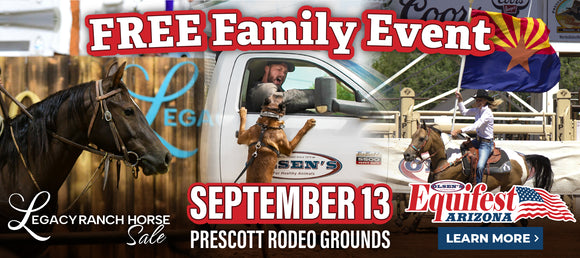 Promotional banner for Equifest Arizona, a free family event taking place on September 13 at the Prescott Rodeo Grounds. The image features a horse with 